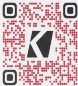 QR code with a central logo featuring a stylized 'K' and red dots, likely for digital linking or authentication.