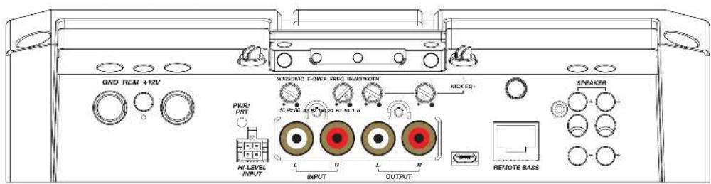 GND REM +12V SNR/DAC V-DWR FREQ RACK/WHOT RACK EQ+ PWR/ INPUT M-LEVEL INPUT OUTPUT REMOTE BASS SPEAKER