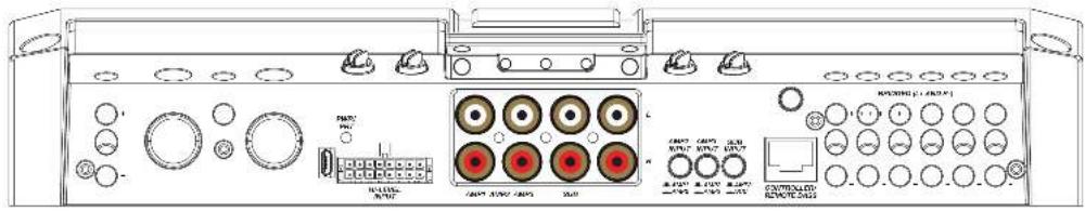 Technical diagram of an electronic device front panel with labeled ports, knobs, and control buttons