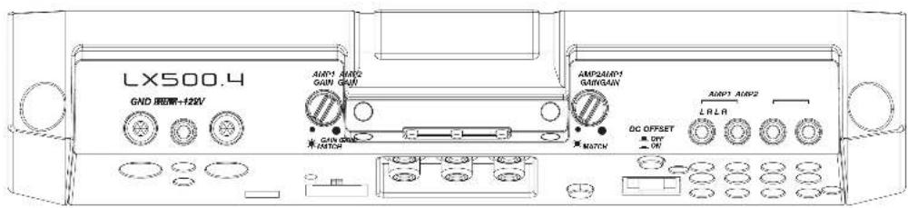 LX500.4 GND 电源+120V AHP1 AHP2 GAIN GAIN AMP2AHP1 GAINGAIN AMP1 AHP2 LRLR DC OFFSET OFF ON MATCH