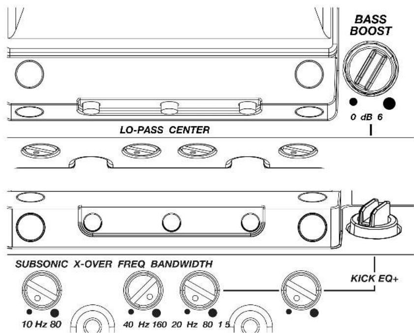 BASS BOOST 0 dB 6 LO-PASS CENTER SUBSONIC X-OVER FREQ BANDWIDTH 10 Hz 80 40 Hz 160 20 Hz 80 15 KICK EQ+