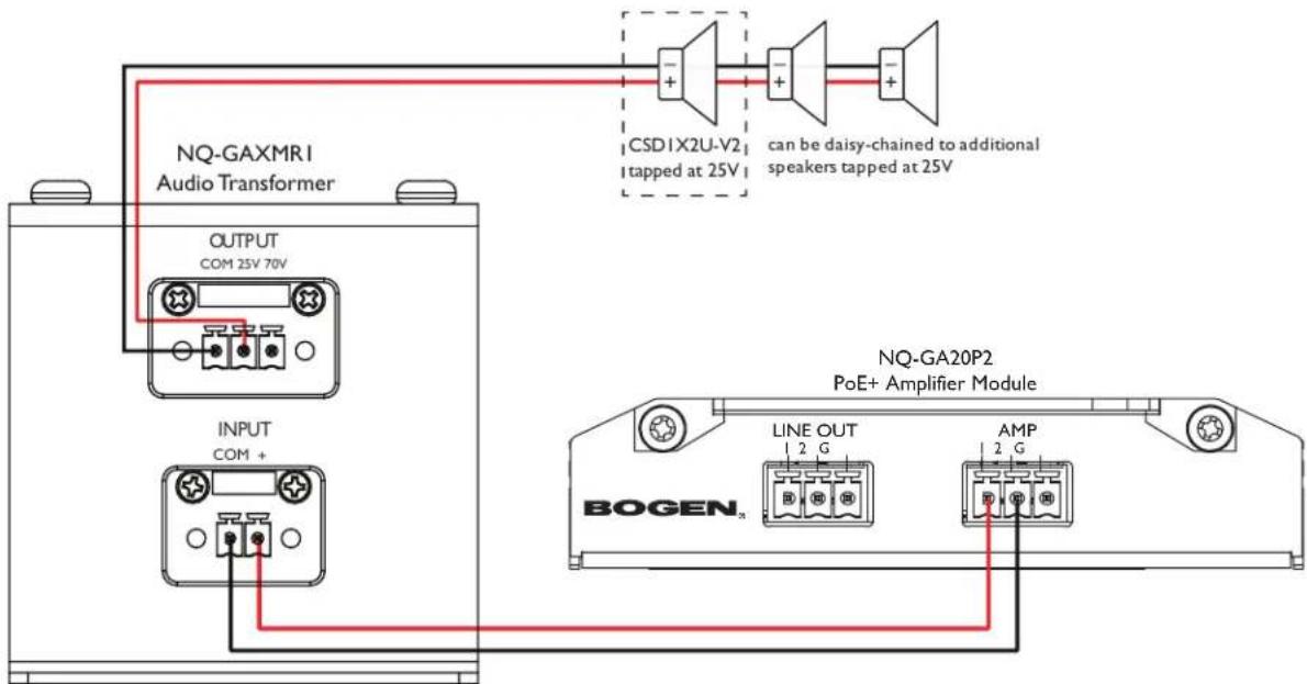 NQ-GAXMRI Audio Transformer OUTPUT COM 25V 70V INPUT COM + CSD1X2U-V2 tapped at 25V can be daisy-chained to additional speakers tapped at 25V NQ-GA20P2 PoE+ Amplifier Module LINE OUT 2 G AMP 2 G BOGENx