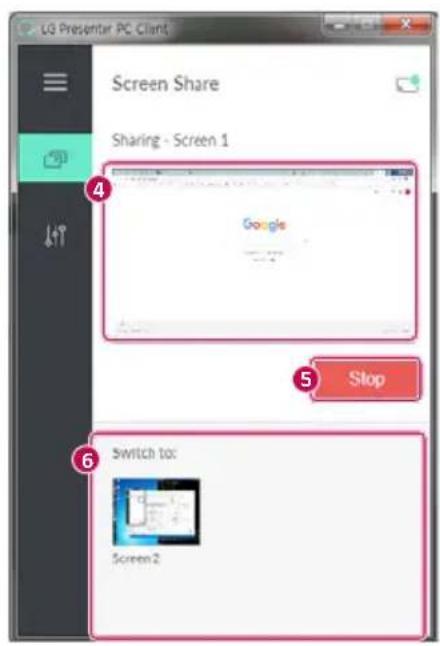 LG Presenter PC Client Screen Share Sharing - Screen 1 Google Stop Switch to: Screen2