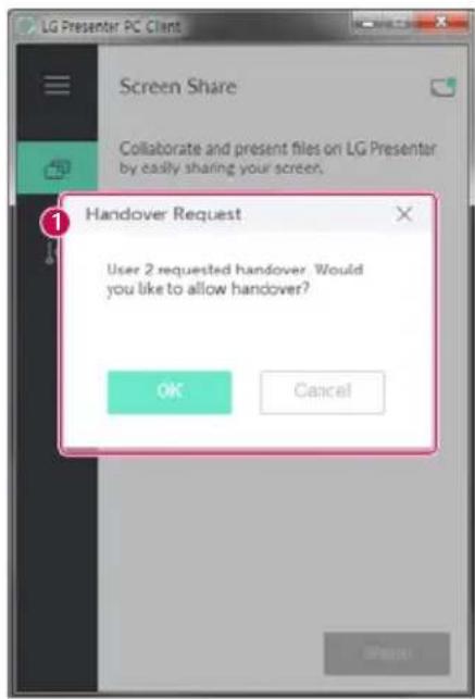 LG Presenter PC Client Screen Share Collaborate and present files on LG Presenter by easily sharing your screen. Handover Request User 2 requested handover. Would you like to allow handover? OK Cancel