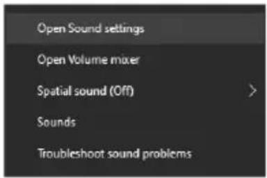Open Sound settings Open Volume mixer Spatial sound (Off) Sounds Troubleshoot sound problems