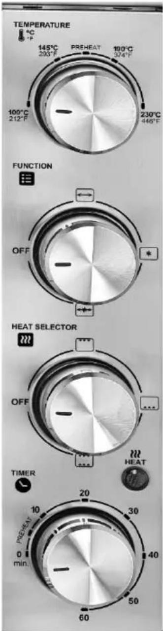 TEMPERATURE °C 145°C 203°F PREHEAT 190°C 374°F 100°C 212°F 230°C 446°F FUNCTION OFF HEAT SELECTOR OFF TIME PREHEAT 0 min. 20 30 40 50 60