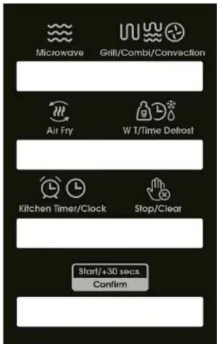 Microwave Grill/Combi/Convection Air Fry W T/Time Detrost Kitchen Timer/Clock Stop/Clear Start/+30 secs. Confirm