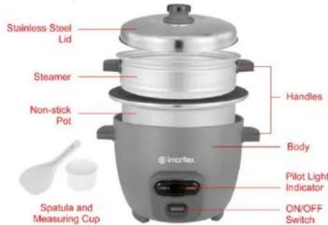 Stainless Steel Lid Steamer Non-stick Pot Handles Body Pilot Light Indicator ON/OFF Switch Spatula and Measuring Cup
