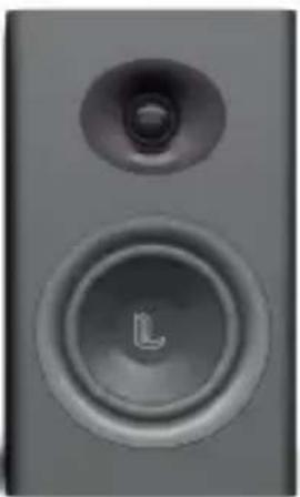 Close-up of a speaker with a circular button labeled 'L' (no text or symbols beyond the icon)
