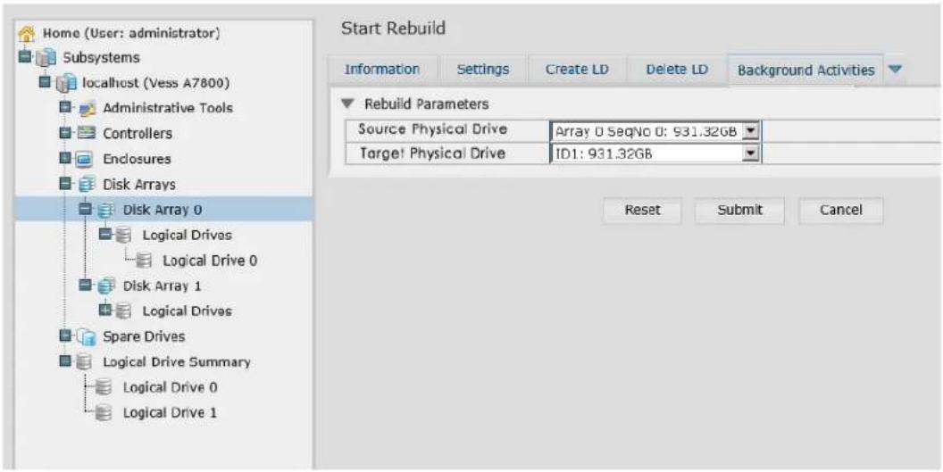 Home (User: administrator) Subsystems localhost (Vess A7800) Administrative Tools Controllers Endlosures Disk Arrays Disk Array 0 Logical Drives Logical Drive 0 Disk Array 1 Logical Drives Spare Drives Logical Drive Summary Logical Drive 0 Logical Drive 1 Start Rebuild Information Settings Create LD Delete LD Background Activities Rebuild Parameters Source Physical Drive Array 0 SeqNo 0: 931.32GB Torge! Physical Drive ID1: 931.32GB Reset Submit Cancel