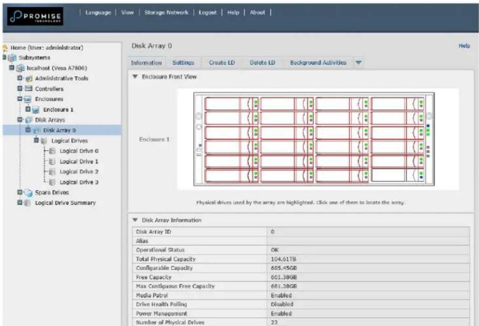 PROMISE TECHNOLOGY Language View Storage Network Logout Help About | Home (User: administrator) Subsystems localhost (Vess A7806) Administrative Tools Controllers Enclosures Enclosure 1 Disk Arrays Disk Array 0 Logical Drives Logical Drive 0 Logical Drive 1 Logical Drive 2 Logical Drive 3 Spare Drives Logical Drive Summary Disk Array 0 Help Information Settings Create LD Delete LD Background Activities Enclosure Front View Enclosure 1 Physical drives used by the array are highlighted. Click one of them to locate the array. Disk Array Information Disk Array ID 0 Alias Operational Status OK Total Physical Capacity 104,61TB Configurable Capacity 685,45GB Free Capacity 661,38GB Max Contiguous Free Capacity 661,38GB Media Patrol Enabled Drive Health Polling Disabled Power Management Enabled Number of Physical Drives 23