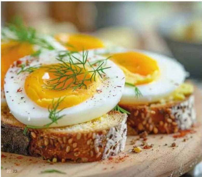 Close-up of a fried egg with sesame seeds topped with fresh herbs and cheese, served on a wooden board (no text or symbols visible).