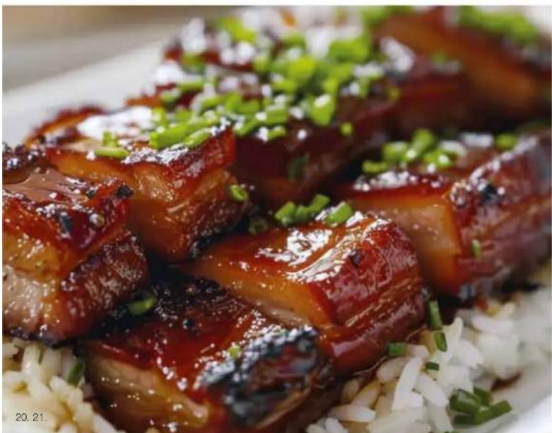 Close-up of braised pork belly with green onions, served on a white plate with rice (no text or symbols visible).