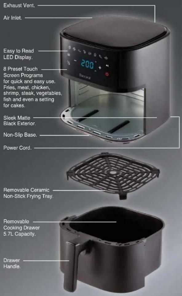 Exhaust Vent. Air Inlet. Easy to Read LED Display. 8 Preset Touch Screen Programs for quick and easy use. Fries, meat, chicken, shrimp, steak, vegetables, fish and even a setting for cakes. Sleek Matte Black Exterior. Non-Slip Base. Power Cord. Removable Ceramic Non-Stick Frying Tray. Removable Cook…