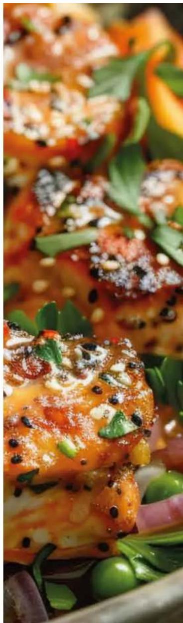 Close-up of a plated dish featuring golden-brown fried fish garnished with sesame seeds, peaches, and greens (no visible text or symbols).