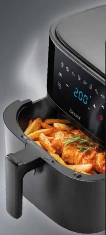 Close-up of a black air fryer with French fries in the center, no visible text or symbols on the main subject.
