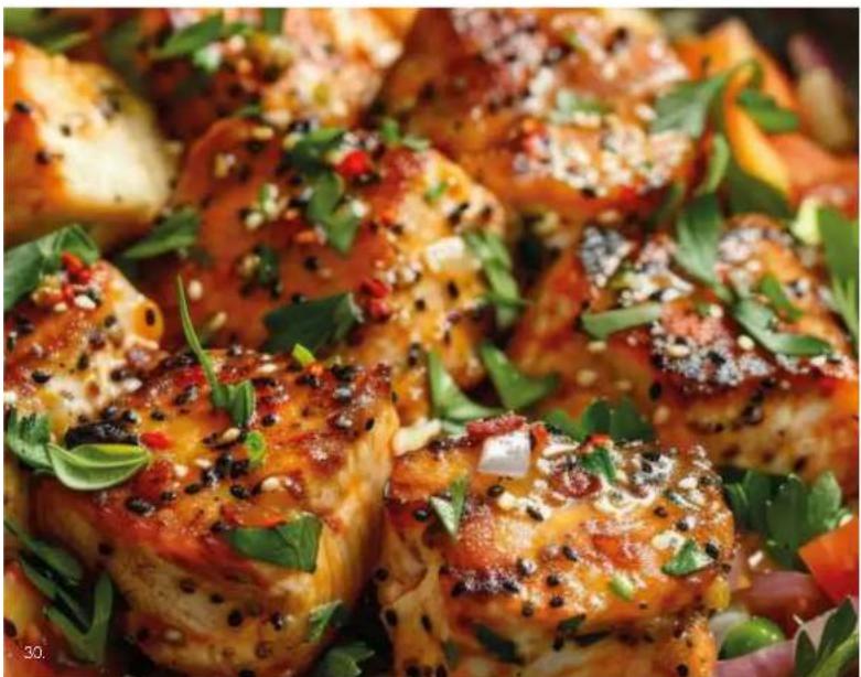 Close-up of golden-brown fried food pieces garnished with herbs and sesame seeds, served on a plate.