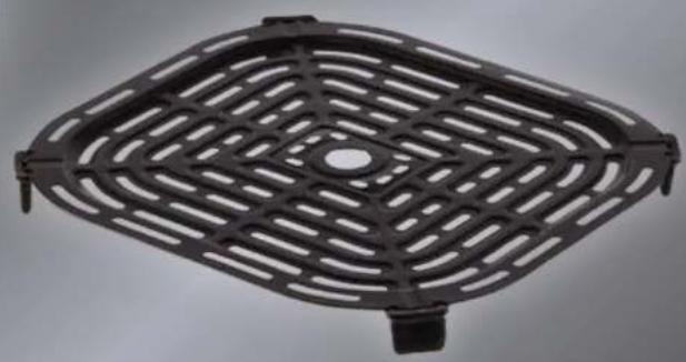 Black plastic fan or grid-like structure with a central hole, no text or symbols visible.