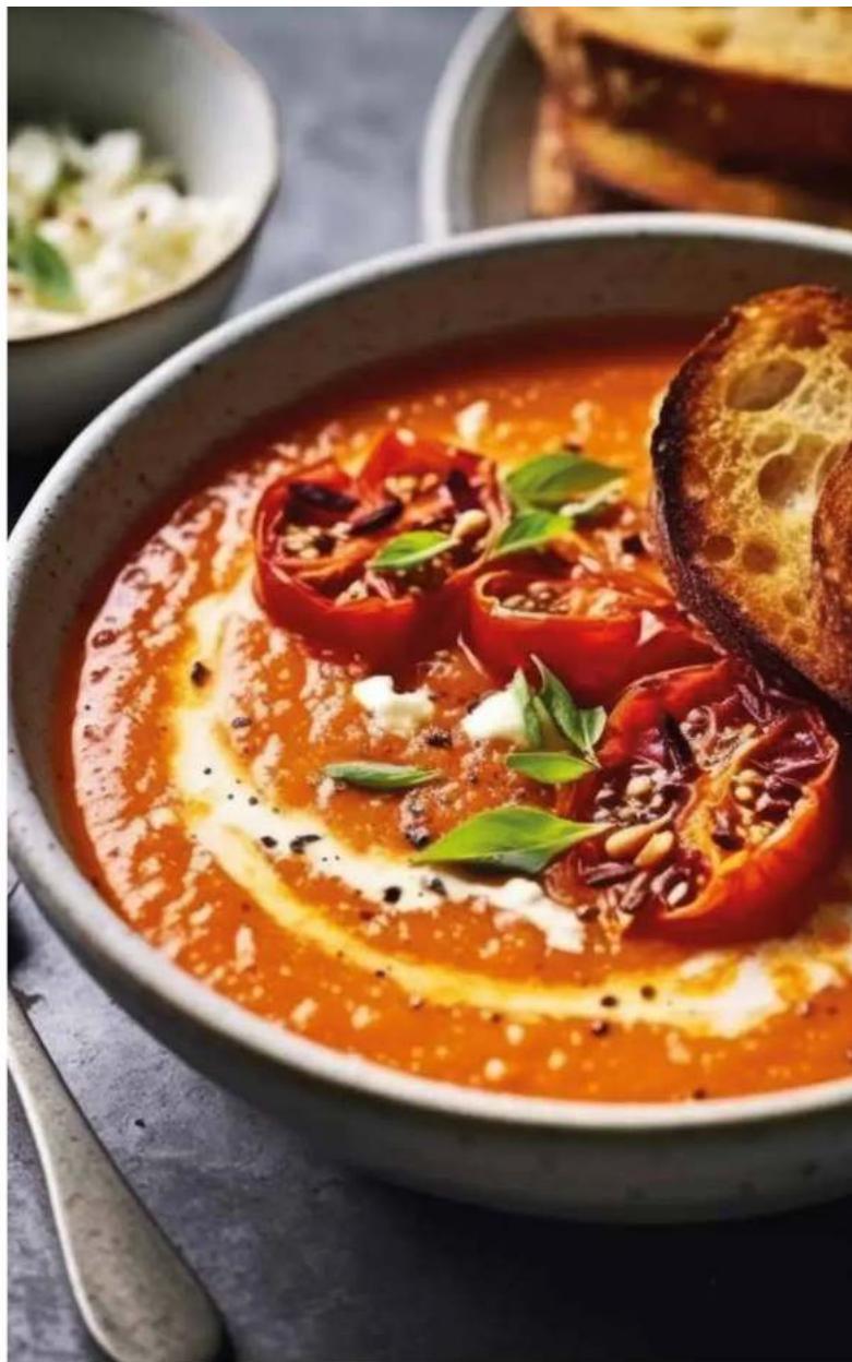 Close-up of a bowl of tomato sauce with garnishes, served with a slice of bread and a side dish (no visible text or symbols).