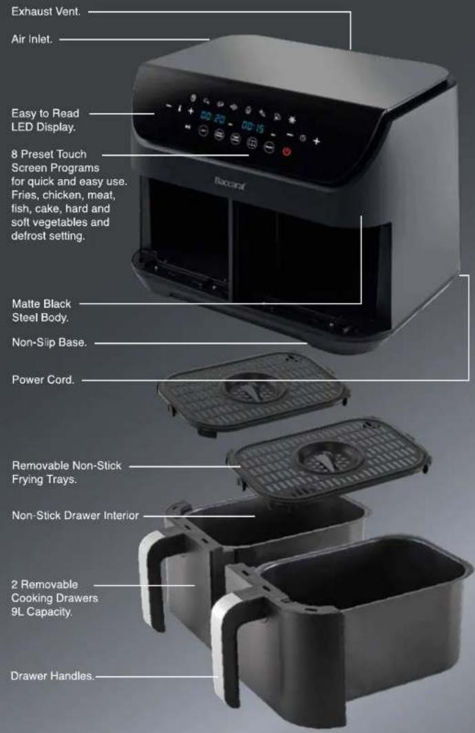 Exhaust Vent. Air Inlet. Easy to Read LED Display. 8 Preset Touch Screen Programs for quick and easy use. Fries, chicken, meat, fish, cake, hard and soft vegetables and defrost setting. Matte Black Steel Body. Non-Slip Base. Power Cord. Removable Non-Stick Frying Trays. Non-Stick Drawer Interior 2 R…