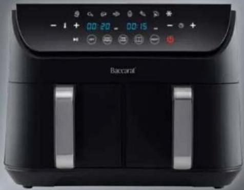 Black Baccarat air fryer with digital display and control buttons (no visible text or symbols on the device itself)