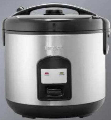 Exterior view of a modern rice cooker with black and silver casing (no visible text or symbols)
