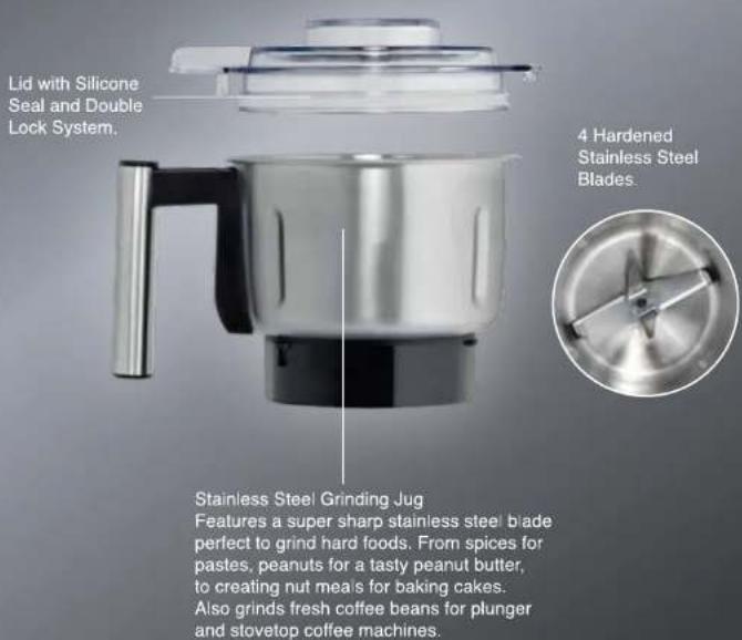Lid with Silicone Seal and Double Lock System. 4 Hardened Stainless Steel Blades. Stainless Steel Grinding Jug Features a super sharp stainless steel blade perfect to grind hard foods. From spices for pastes, peanuts for a tasty peanut butter, to creating nut meals for baking cakes. Also grinds fres…
