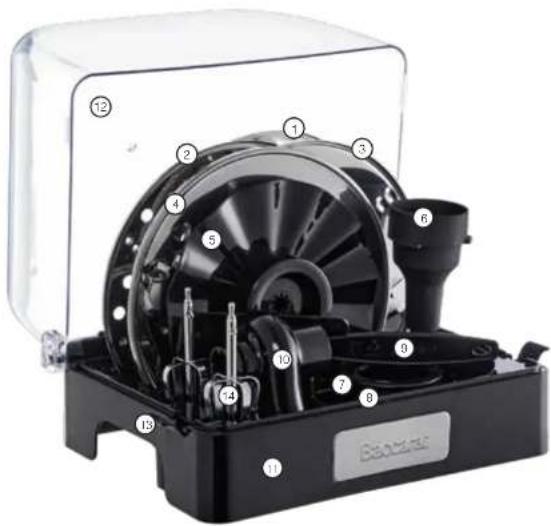 Labeled diagram of a portable electronic device with numbered components, including a fan and battery casing.