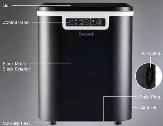 Lid. Control Panel. Baccarat Sleek Matte Black Exterior. Non-Slip Feet. Air Outlet. Drain Plug. Air Inlets.