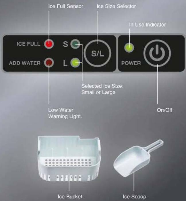 Ice Full Sensor. Ice Size Selector ICE FULL S S/L In Use Indicator ADD WATER L Selected Ice Size: Small or Large POWER Low Water Warning Light. On/Off Ice Bucket. Ice Scoop.