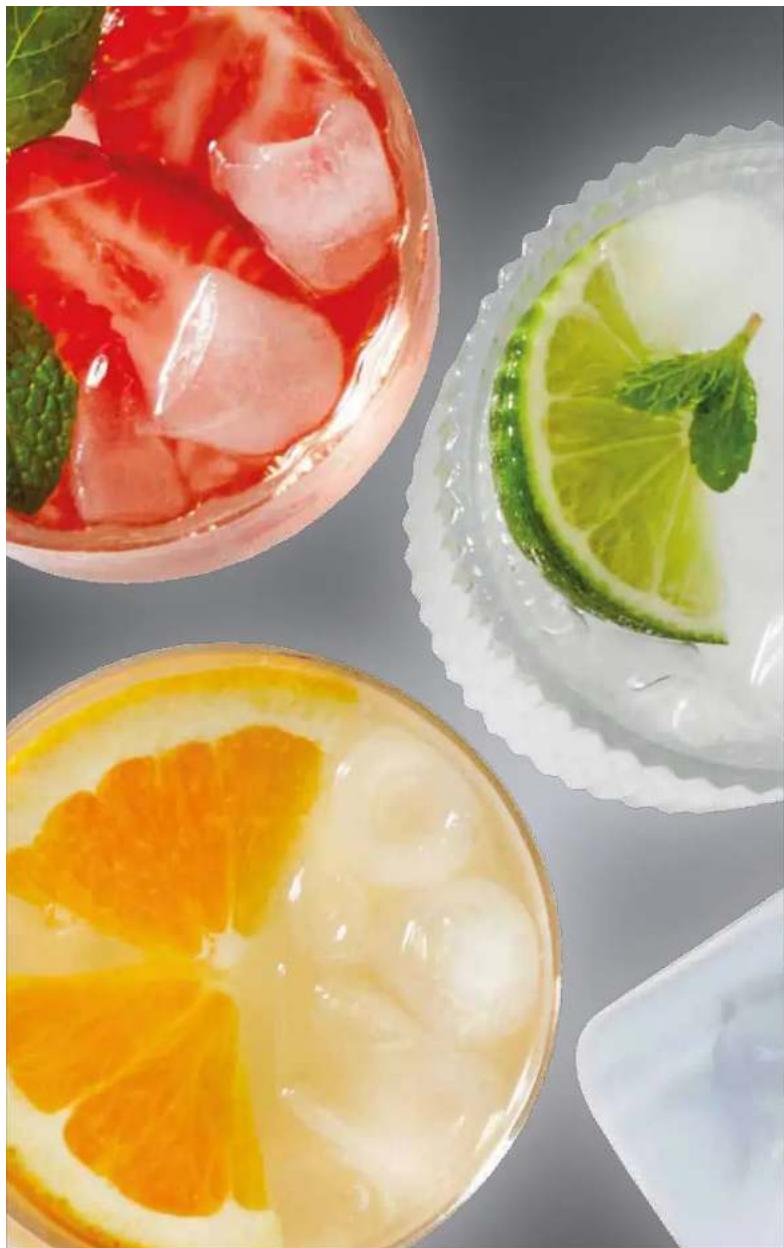 Top-down view of three beverage dishes: a red fruit drink with ice cubes, a lime slice garnished with mint, and an orange slice with a lemon slice (no text or symbols visible)