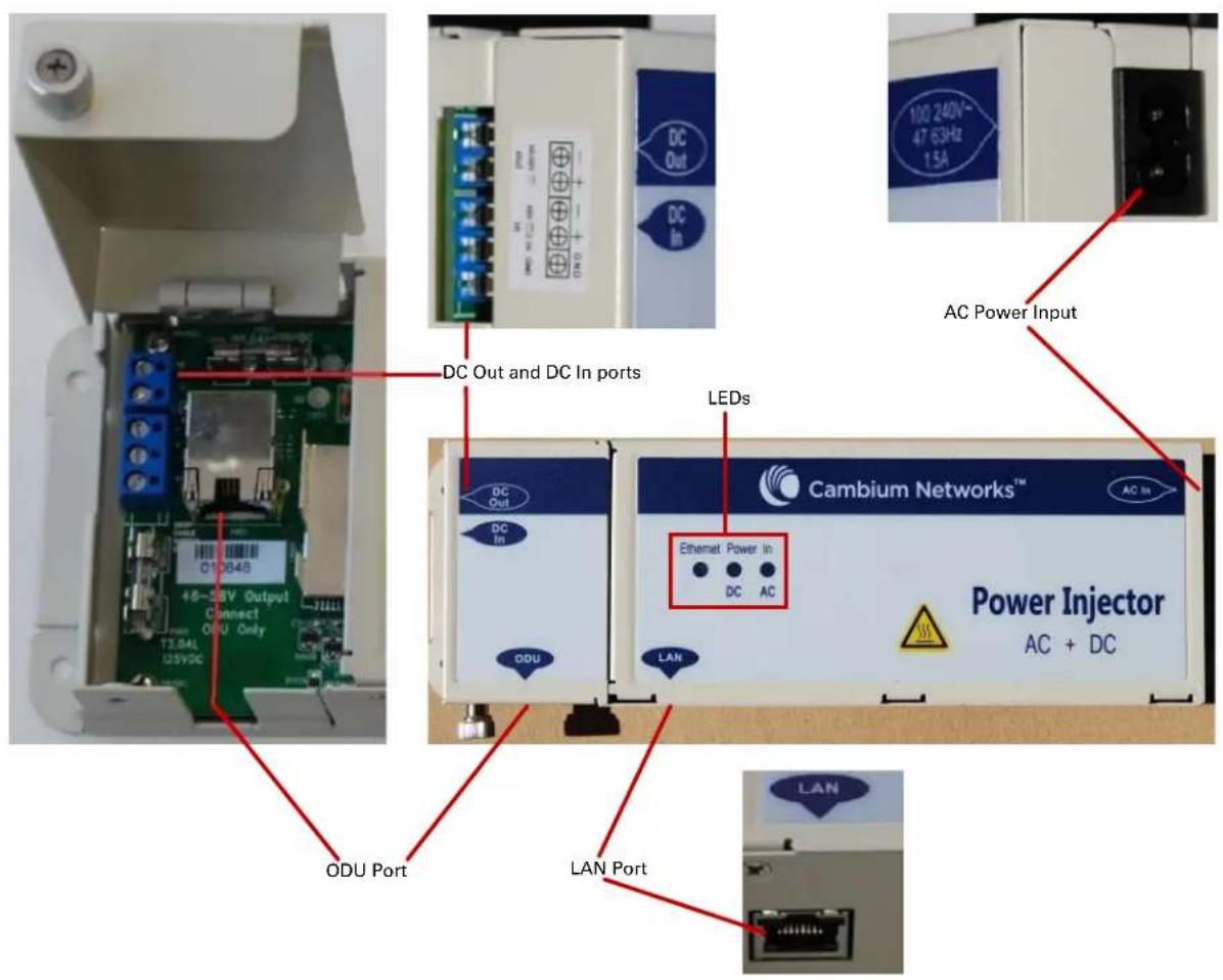 DC Out and DC In ports LEDs AC Power Input Cambium Networks™ Power Injector AC + DC ODU Port LAN Port