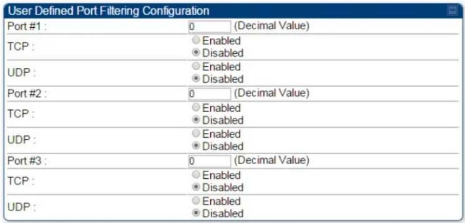 User Defined Port Filtering Configuration Port #1 : 0 (Decimal Value) TCP : Enabled Disabled UDP : Enabled Disabled Port #2 : 0 (Decimal Value) TCP : Enabled Disabled UDP : Enabled Disabled Port #3 : 0 (Decimal Value) TCP : Enabled Disabled UDP : Enabled Disabled
