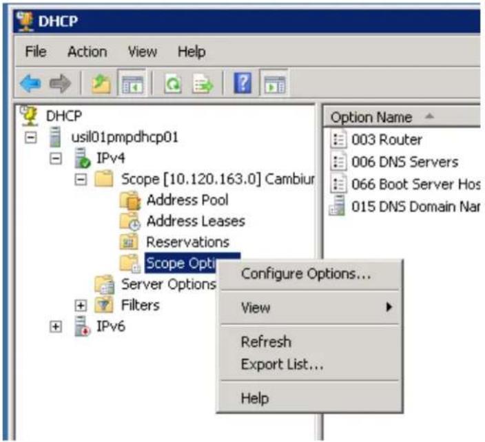 DHCP File Action View Help DHCP usil01pmpdhcp01 IPv4 Scope [10.120.163.0] Cambiur Address Pool Address Leases Reservations Scope Opti Server Options Filters IPv6 Configure Options... View Refresh Export List... Help Option Name 003 Router 006 DNS Servers 066 Boot Server Hos 015 DNS Domain Nar