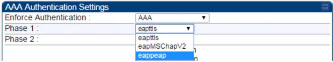 AAA Authentication Settings Enforce Authentication : AAA Phase 1 : eaptlls Phase 2 : eaptlls eapMSChapV2 eappeap