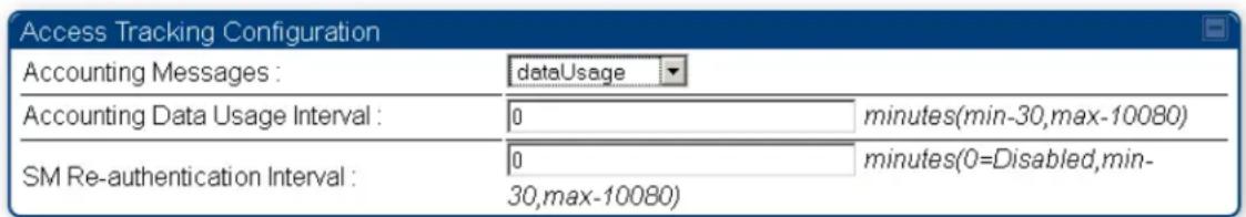 Access Tracking Configuration Accounting Messages : dataUsage Accounting Data Usage Interval : 0 minutes(min-30,max-10080) SM Re-authentication Interval : 0 minutes(0=Disabled,min- 30,max-10080)