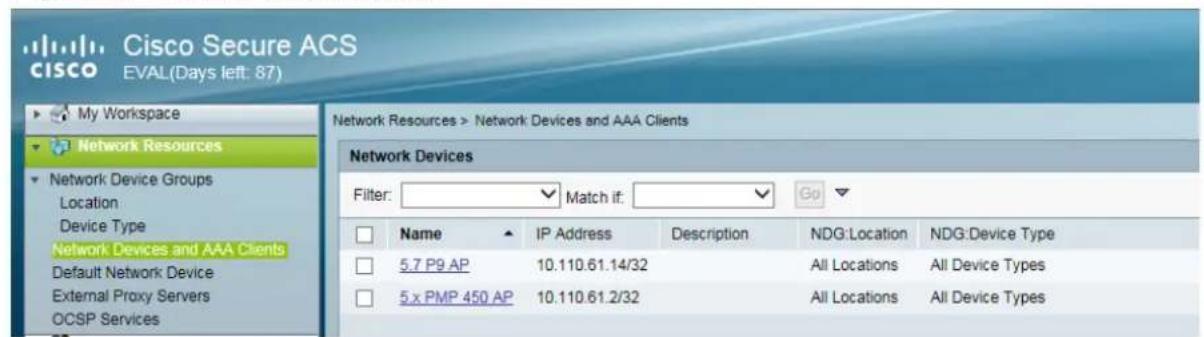 Cisco Secure ACS CISCO EVAL(Days left: 87) My Workspace Network Resources Network Device Groups Location Device Type Network Devices and AAA Clients Default Network Device External Proxy Servers OCSP Services Network Resources > Network Devices and AAA Clients Network Devices Filter: Match if: Go Name IP Address Description NDG:Location NDG:Device Type 5.7 P9 AP 10.110.61.14/32 All Locations All Device Types 5.x PMP 450 AP 10.110.61.2/32 All Locations All Device Types