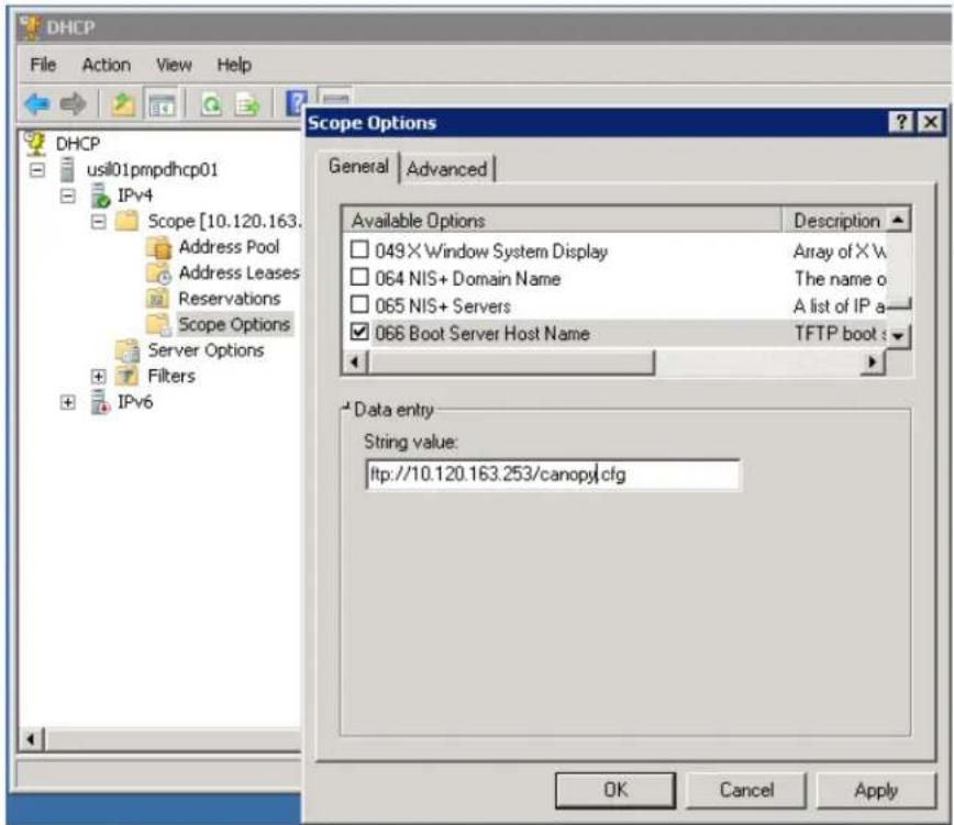 DHCP File Action View Help DHCP usil01pmpdhcp01 IPv4 Scope [10.120.163. Address Pool Address Leases Reservations Scope Options Server Options Filters IPv6 Scope Options General | Advanced | Available Options Description □ 049×Window System Display Array of X\. □ 064 NIS+ Domain Name The name o □ 065 NIS+ Servers A list of IP a— ✓ 066 Boot Server Host Name TFTP boot : Data entry String value: ftp://10.120.163.253/canopy\cfg OK Cancel Apply