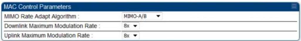 MAC Control Parameters MIMO Rate Adapt Algorithm : MIMO-A/B Downlink Maximum Modulation Rate : 8x Uplink Maximum Modulation Rate : 8x