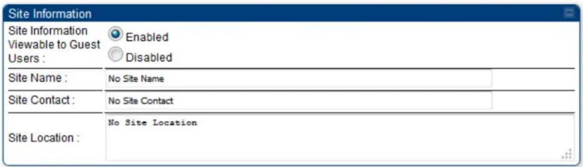 Site Information Site Information Viewable to Guest Users : Enabled Disabled Site Name : No Site Name Site Contact : No Site Contact Site Location : No Site Location