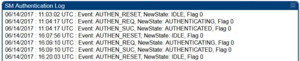 SM Authentication Log 06/14/2017 : 11:03:02 UTC : Event: AUTHEN_RESET, NewState: IDLE, Flag 0 06/14/2017 : 11:04:17 UTC : Event: AUTHEN_REQ, NewState: AUTHENTICATING, Flag 0 06/14/2017 : 11:04:17 UTC : Event: AUTHEN_SUC, NewState: AUTHENTICATED, Flag 0 06/14/2017 : 16:07:56 UTC : Event: AUTHEN_RESET, NewState: IDLE, Flag 0 06/14/2017 : 16:09:10 UTC : Event: AUTHEN_REQ, NewState: AUTHENTICATING, Flag 0 06/14/2017 : 16:09:10 UTC : Event: AUTHEN_SUC, NewState: AUTHENTICATED, Flag 0 06/14/2017 : 16:20:03 UTC : Event: AUTHEN_RESET, NewState: IDLE, Flag 0