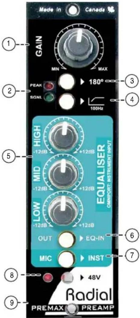 Made in Canada GAIN MIN MAX 180° PEAK SGNL 100Hz HIGH -12dB +12dB MID -12dB +12dB LOW -12dB +12dB OUT EQ-IN MIC INST 48V Radial PREMAX PREAMP