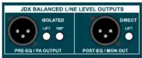 JDX BALANCED LINE LEVEL OUTPUTS ISOLATED LIFT 100° PRE-EQ / PA OUTPUT DIRECT LIFT POST-EQ / MON OUT
