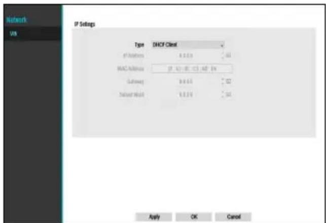 Network VB IP Settings Type DHCP Client IP Address 4.0.0.0 MAC Address 27.0.0.0 25.0.0.0 16.0.0.0 Gateway 9.0.0.0 Select Host 8.0.0.0 Apply OK Cancel