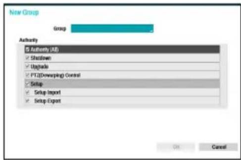 New Group Group Authority (S) Authority (A) ✓ Shutdown ✓ Upgrade ✓ PTZ(Downswing) Control ✓ Setup ✓ Setup Import ✓ Setup Export OK Cancel