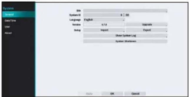 Systems General Data/Time User About Sink Systems ID 8:00 Language English Version 5.7.6 Setup Setup Import Export Show System Log System Shutdowns Apply OK Cancel