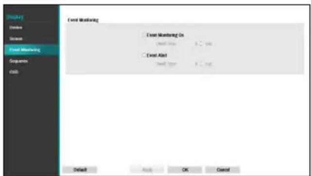 Display Options Scanout Event Monitoring Sequence Add Event Monitoring Go Event Alert Event Alert Default Apply OK Cancel