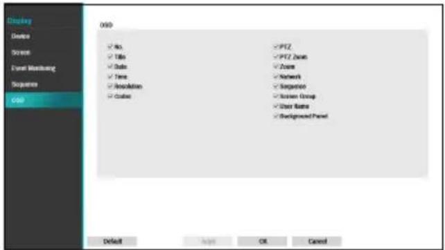 Display Device Screen Event Monitoring Sequence OSO OSO No. Title Date Time Resolution Color IPZ IPZ Data Zoom Network Suggestion Screen Group User Name Background Panel Default Apply OK Cancel