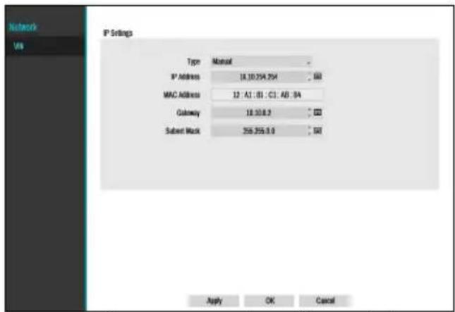 Network Web IP Settings Type Manual IP Address 18.10.254.254 MAC Address 12 : A1 : B1 : C1 : A81 : B4 Gateway 18.10.8.9 Subnet Mask 356.256.8.0 Apply OK Cancel