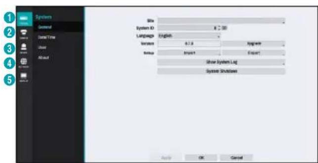 Systems General Contact Time User About Site System ID: 8.300 Language: English Version: 0.1.0 Setup: Import Export: Linear System Log System Shutdowns Apply OK Cancel